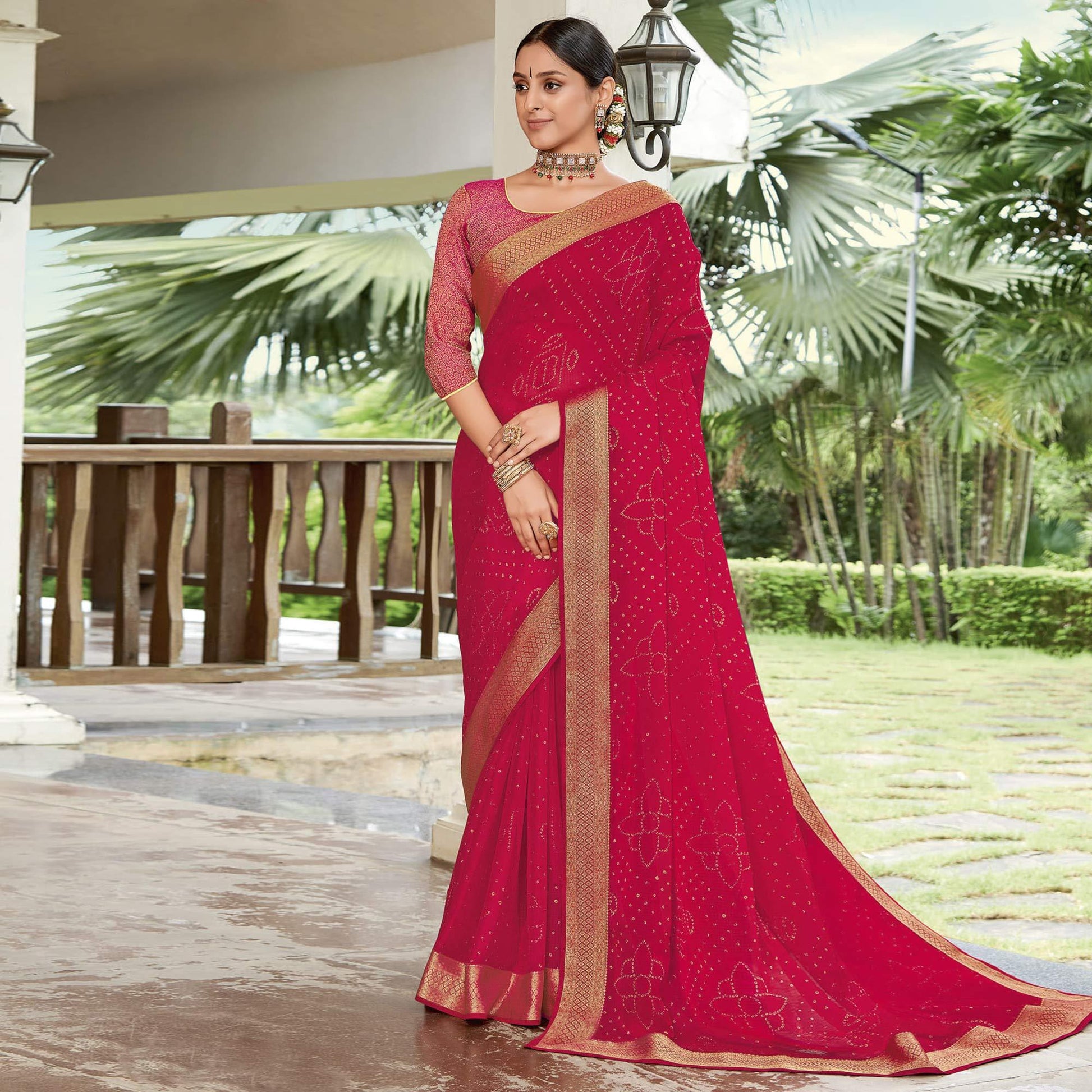 Gajari Pink Casual Wear Printed Chiffon Saree