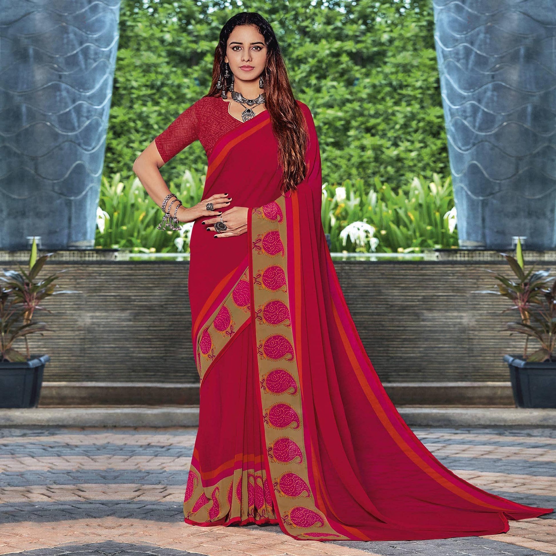 Gajari Pink Casual Wear Printed Georgette Saree