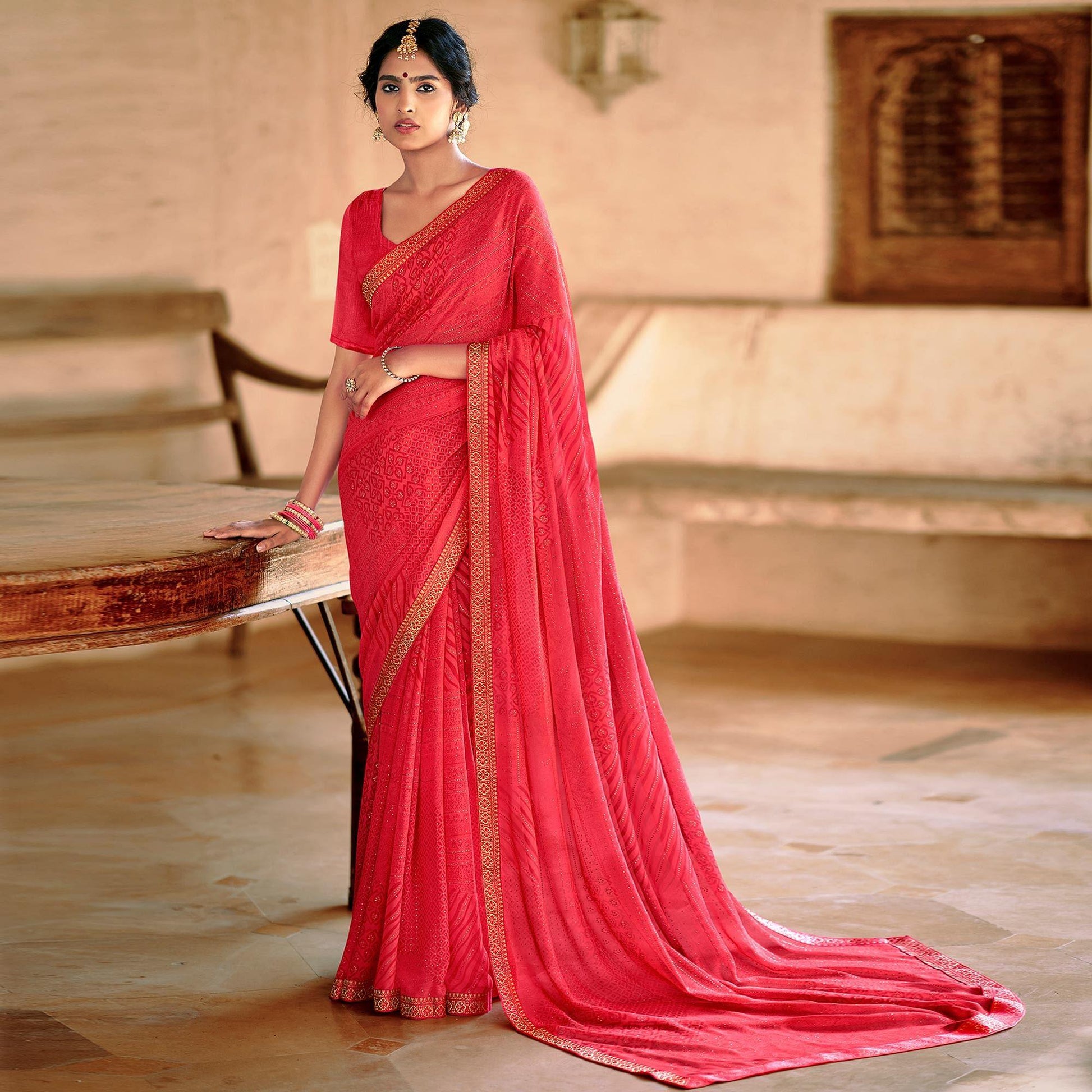 Gajari Pink Casual Wear Printed With Fancy Lace Georgette Saree