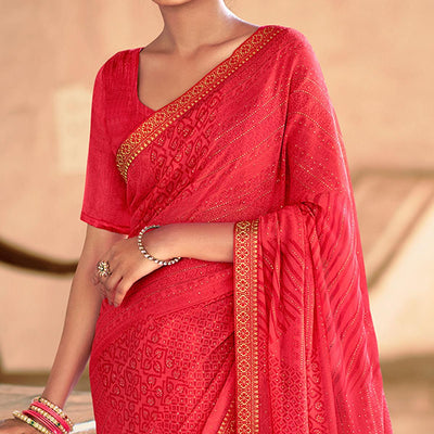 Gajari Pink Casual Wear Printed With Fancy Lace Georgette Saree