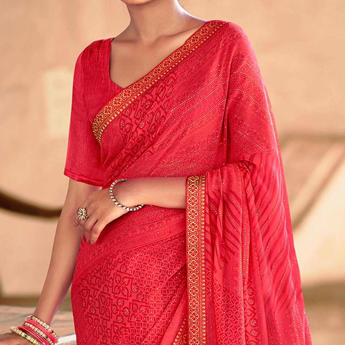 Gajari Pink Casual Wear Printed With Fancy Lace Georgette Saree