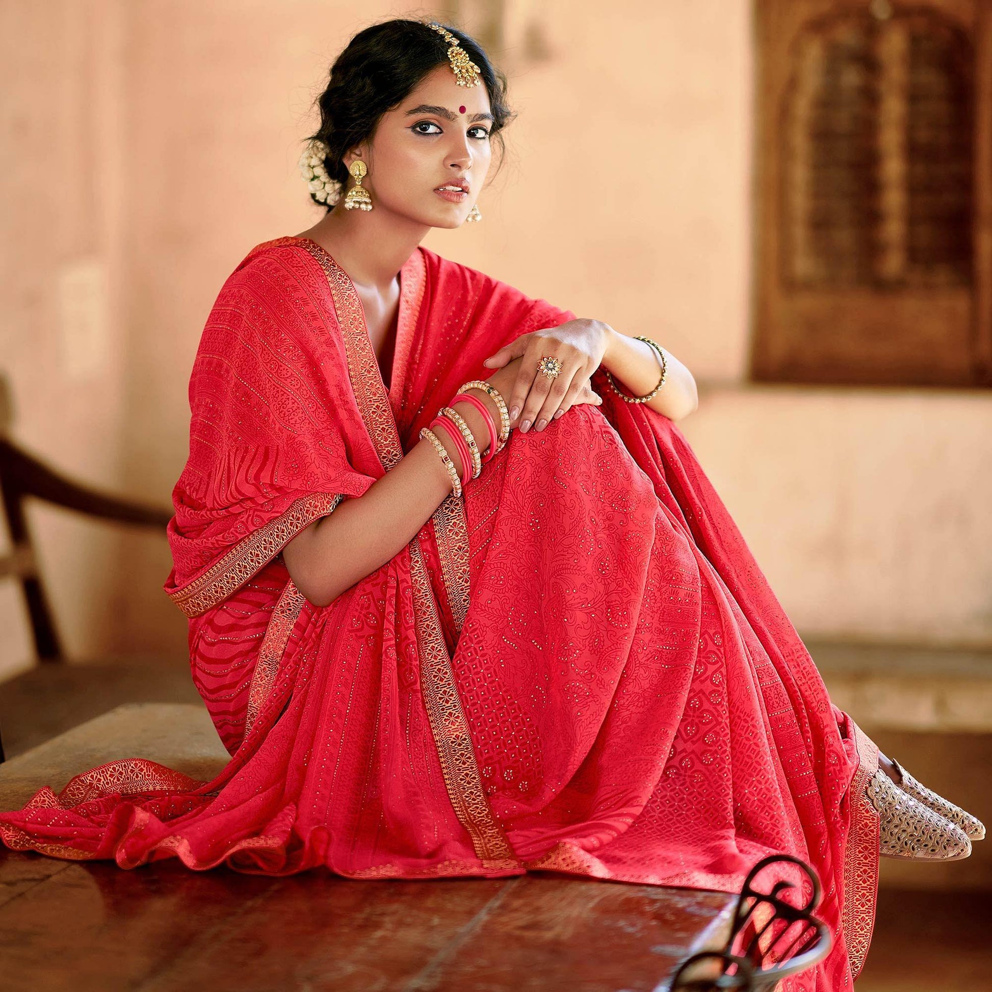 Gajari Pink Casual Wear Printed With Fancy Lace Georgette Saree