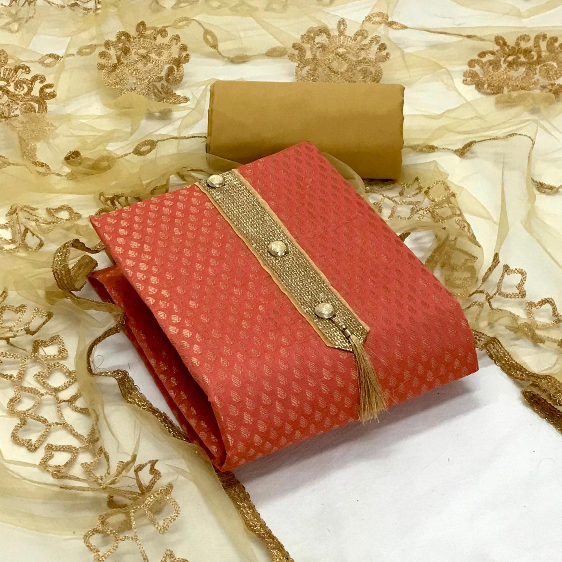 Gajari Pink Festive Wear Woven Banarasi Silk Dress Material