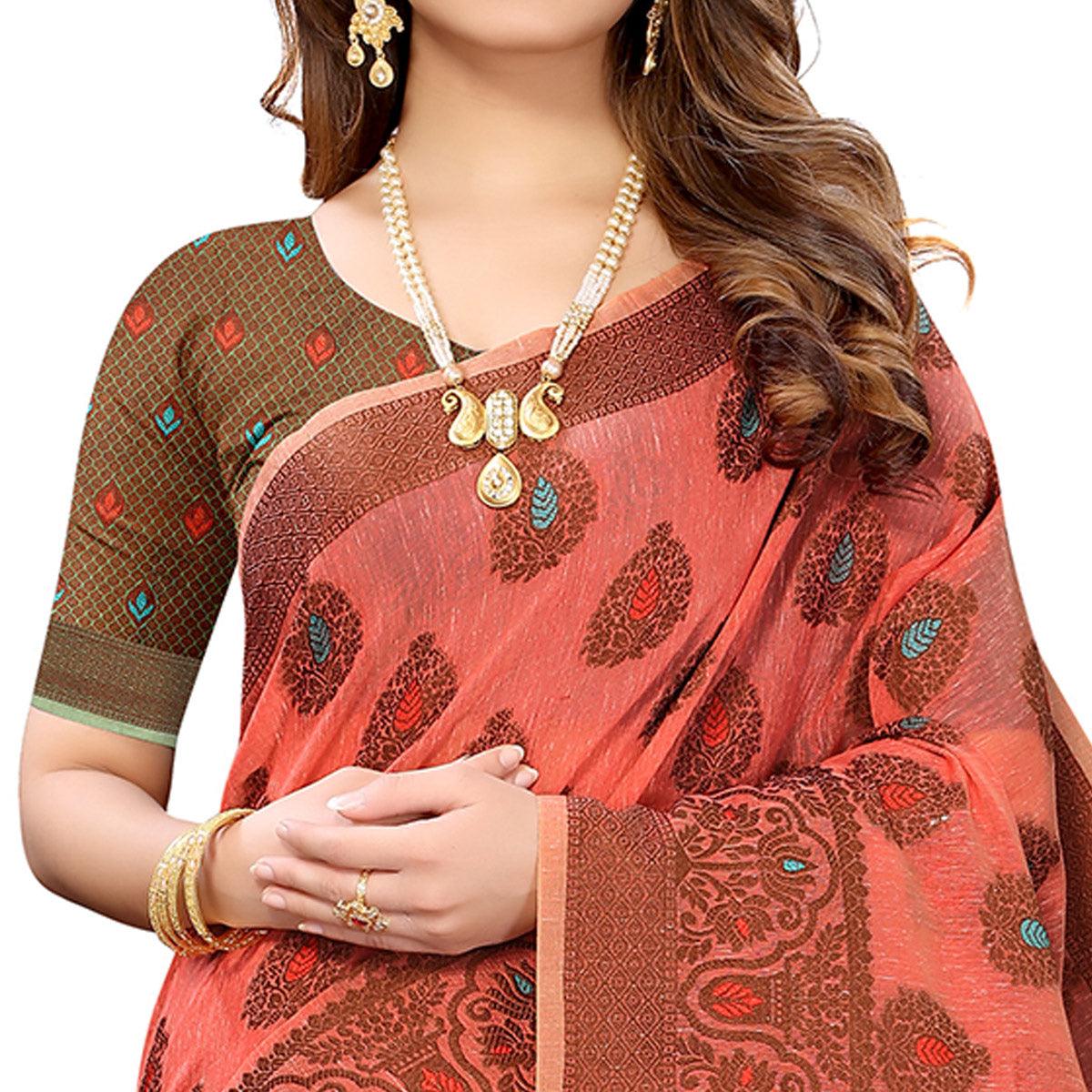 Gajari Pink Festive Wear Woven With Meena Butta Rich Pallu Cotton Saree