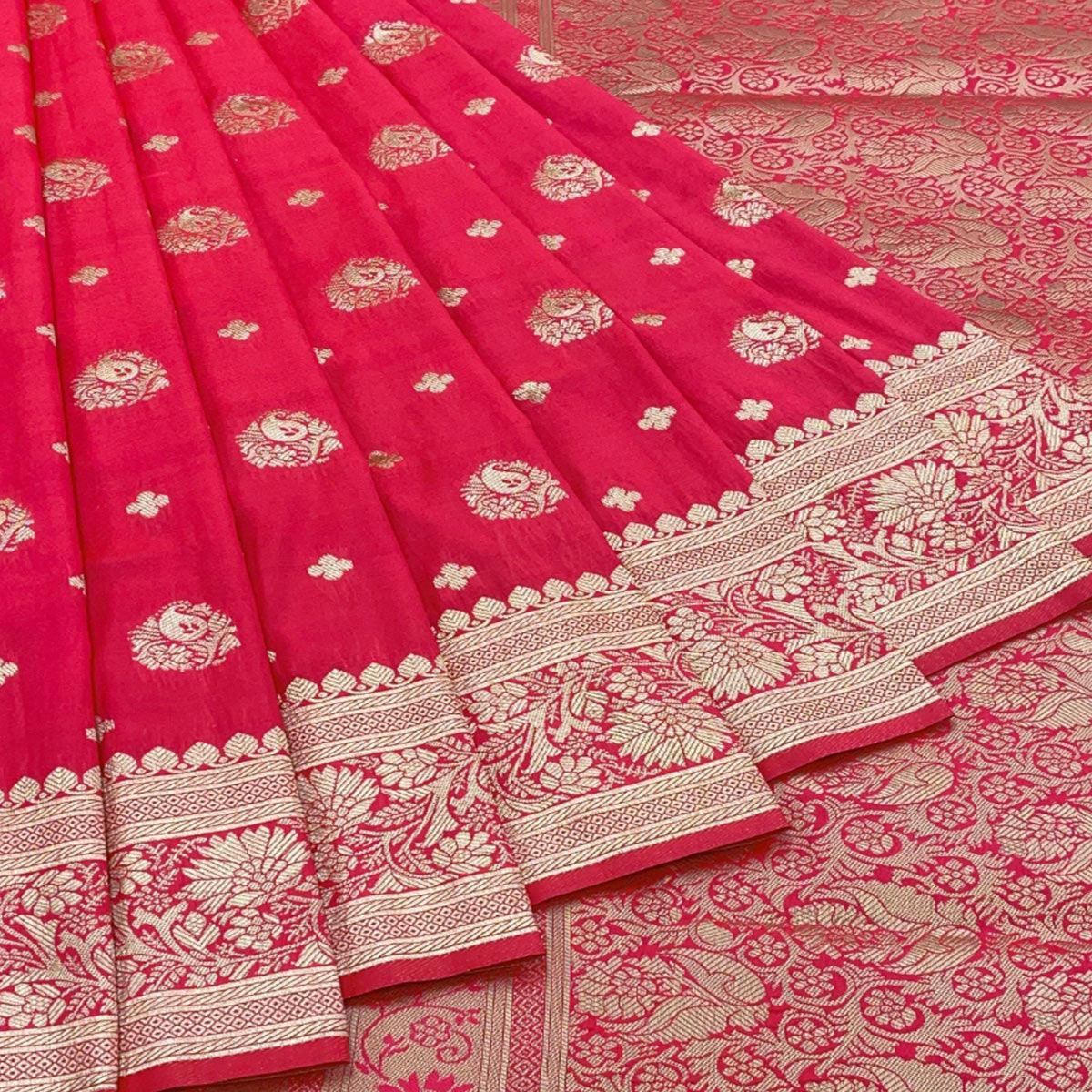 Gajari Pink Floral Zari Woven Art Silk Saree