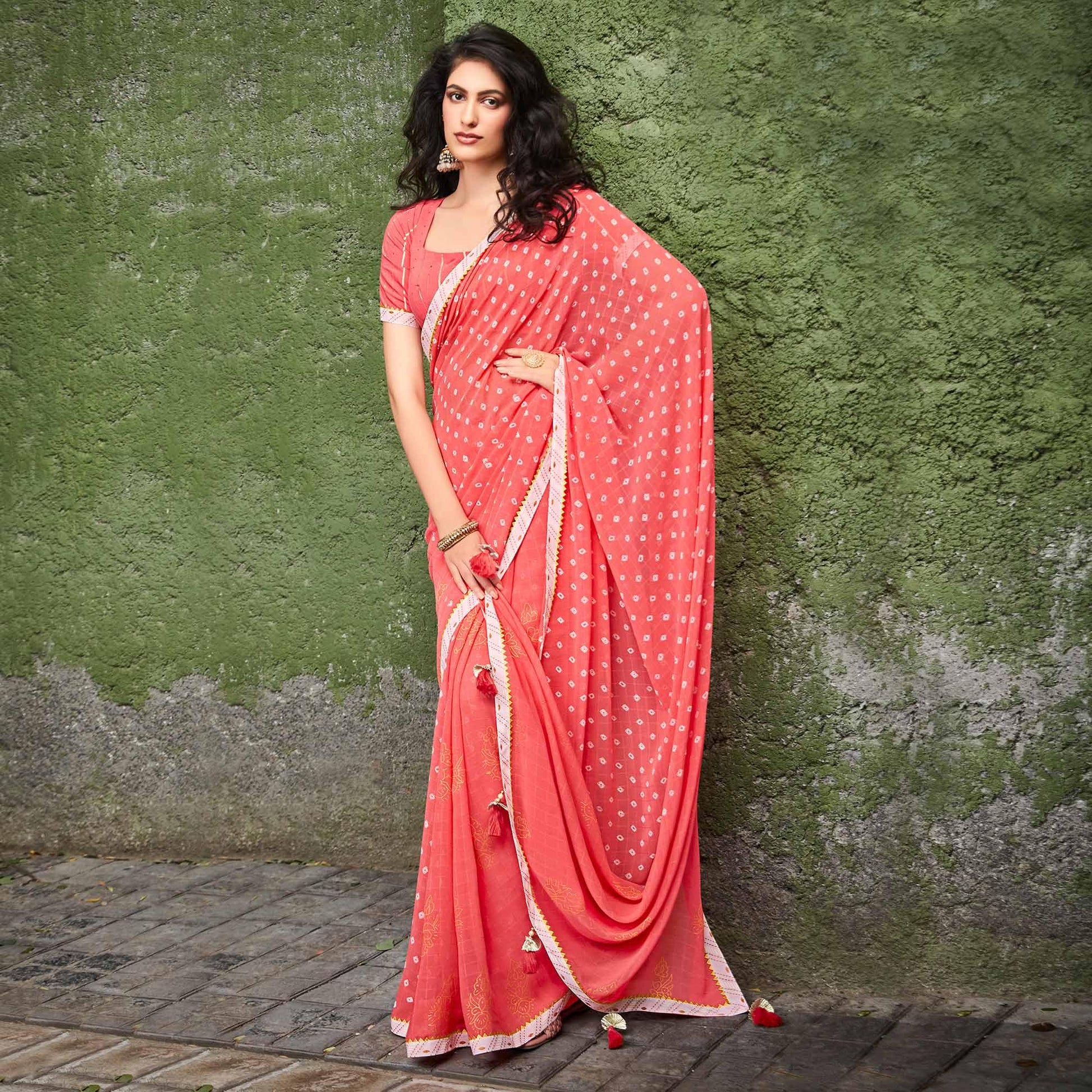 Gajari Pink Printed With Gota Patti Border Georgette Saree