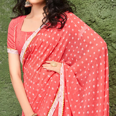 Gajari Pink Printed With Gota Patti Border Georgette Saree