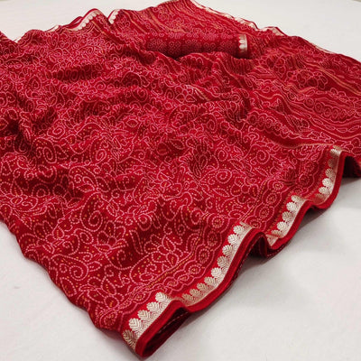 Gajari Red Casual Wear Bandhani Printed Soft Georgette Saree With Fancy Border