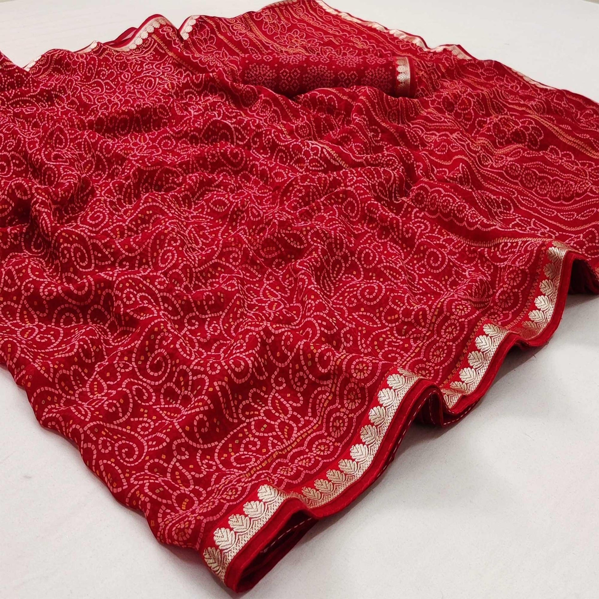 Gajari Red Casual Wear Bandhani Printed Soft Georgette Saree With Fancy Border