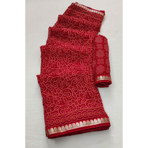 Gajari Red Casual Wear Bandhani Printed Soft Georgette Saree With Fancy Border