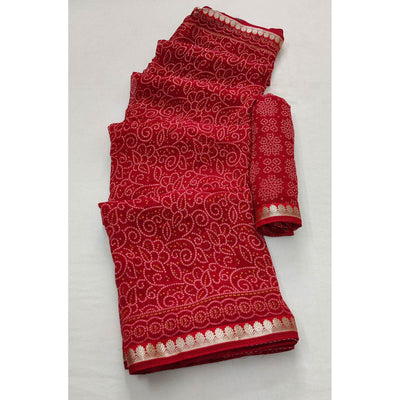 Gajari Red Casual Wear Bandhani Printed Soft Georgette Saree With Fancy Border