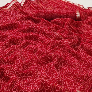 Gajari Red Casual Wear Bandhani Printed Soft Georgette Saree With Fancy Border