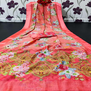 Gajari Red Casual Wear Floral Digital Printed Linen Saree With Satin Border