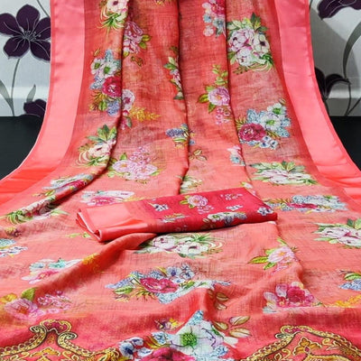 Gajari Red Casual Wear Floral Digital Printed Linen Saree With Satin Border