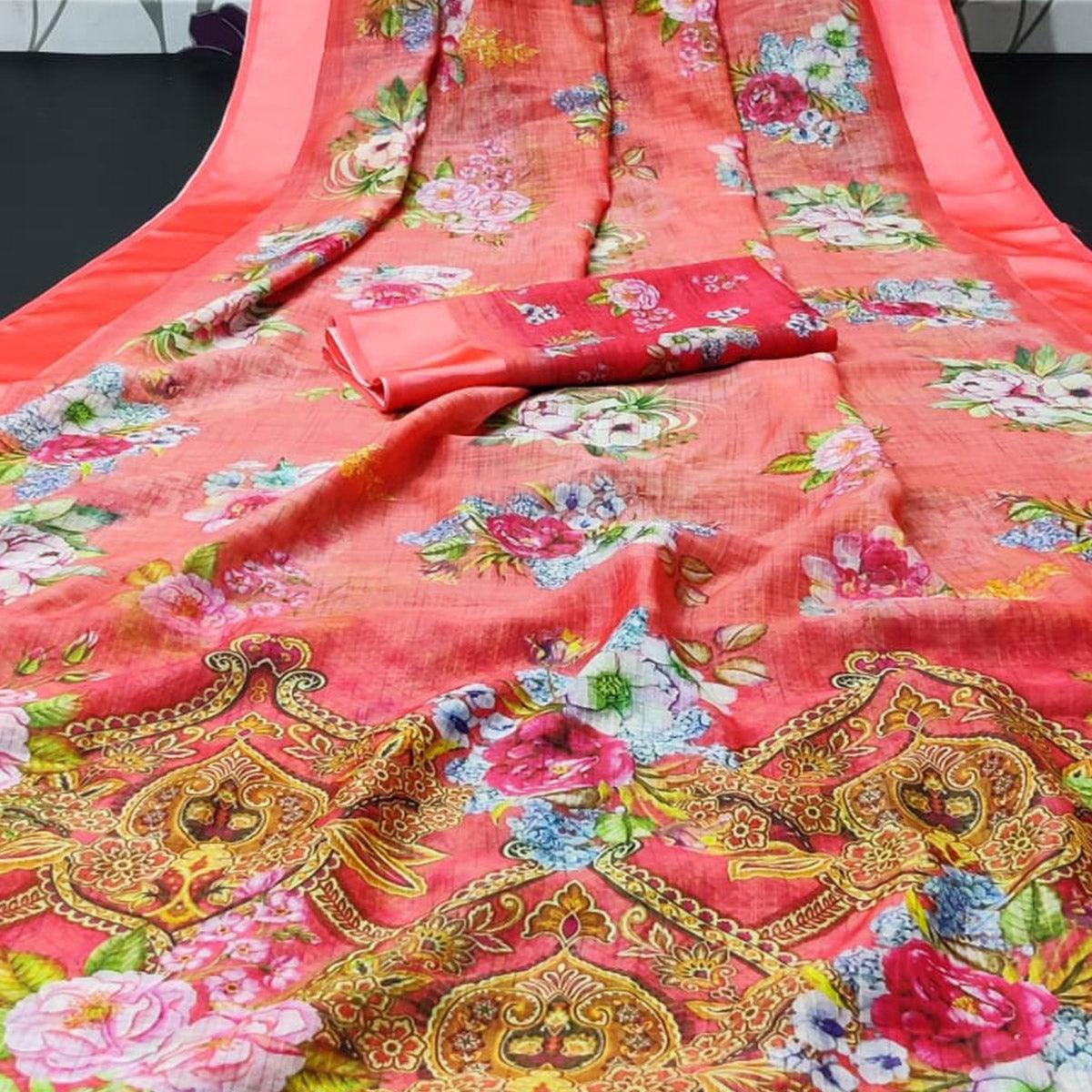 Gajari Red Casual Wear Floral Digital Printed Linen Saree With Satin Border