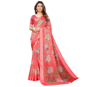 Gajari Red Casual Wear Floral Digital Printed Linen Slub saree