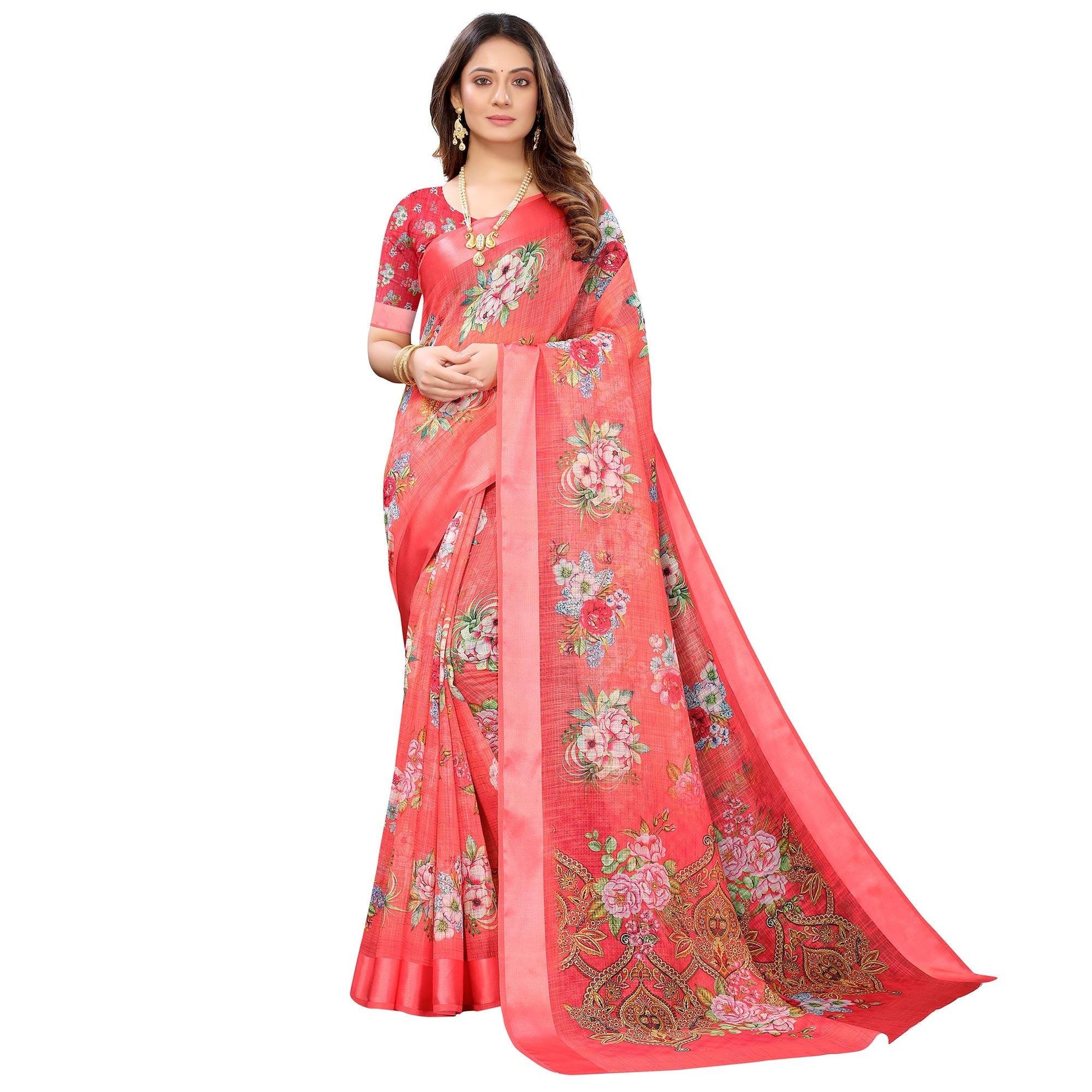 Gajari Red Casual Wear Floral Digital Printed Linen Slub saree