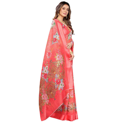 Gajari Red Casual Wear Floral Digital Printed Linen Slub saree