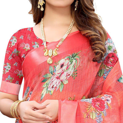 Gajari Red Casual Wear Floral Digital Printed Linen Slub saree