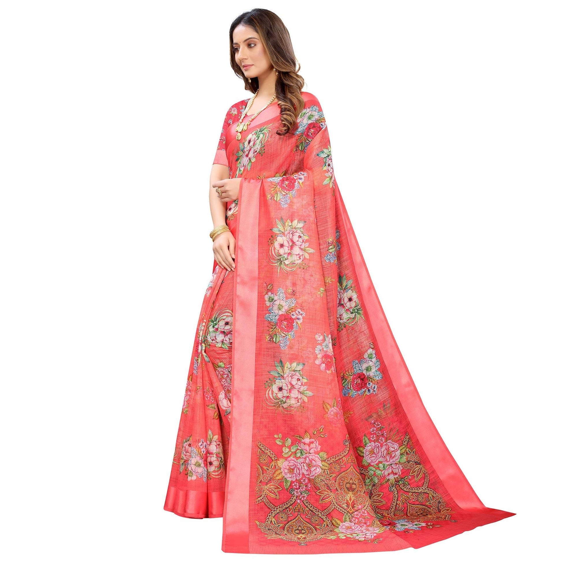 Gajari Red Casual Wear Floral Digital Printed Linen Slub saree