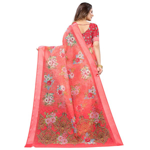 Gajari Red Casual Wear Floral Digital Printed Linen Slub saree