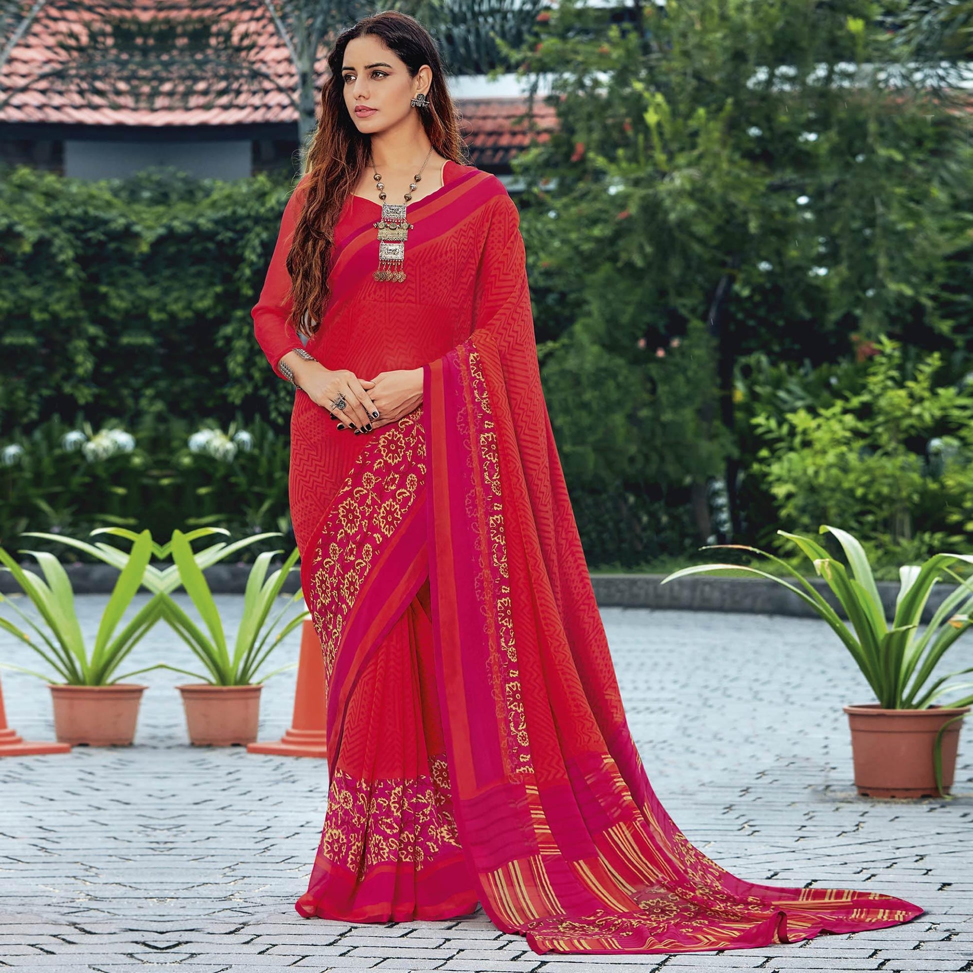 Gajari Red Casual Wear Printed Georgette Saree