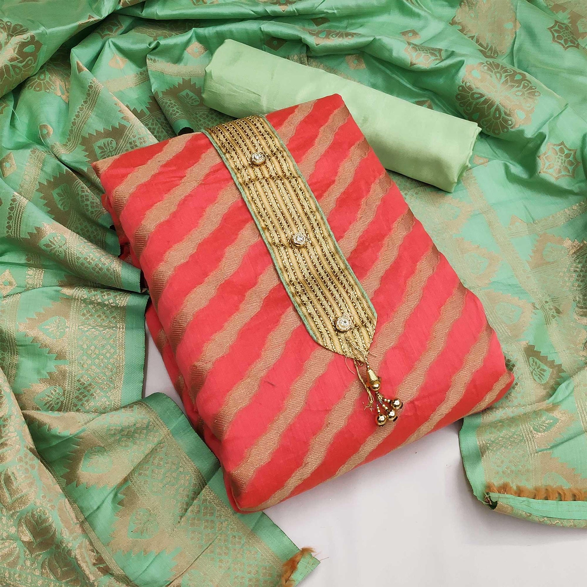 Gajari Red Festive Wear Lehriya Designer Woven Banarasi Silk Dress Material