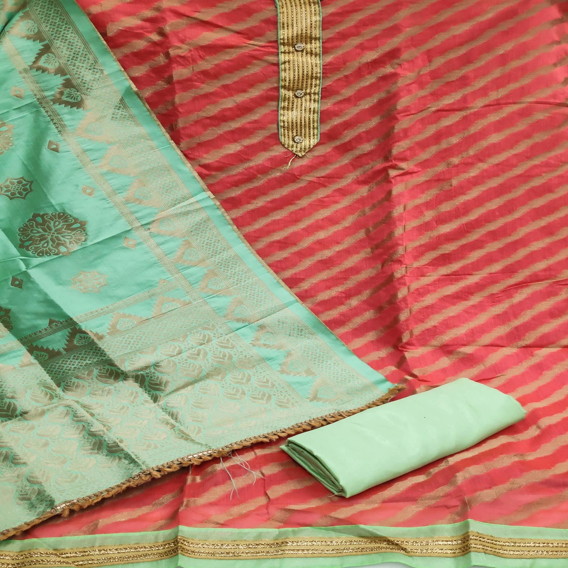 Gajari Red Festive Wear Lehriya Designer Woven Banarasi Silk Dress Material