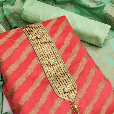 Gajari Red Festive Wear Lehriya Designer Woven Banarasi Silk Dress Material