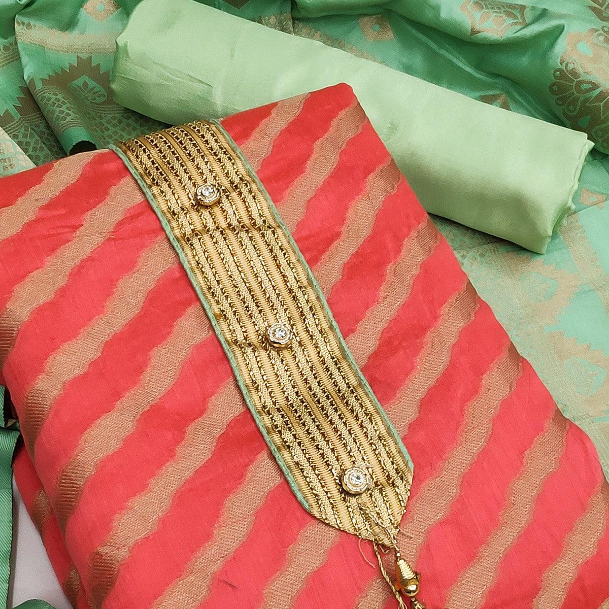 Gajari Red Festive Wear Lehriya Designer Woven Banarasi Silk Dress Material