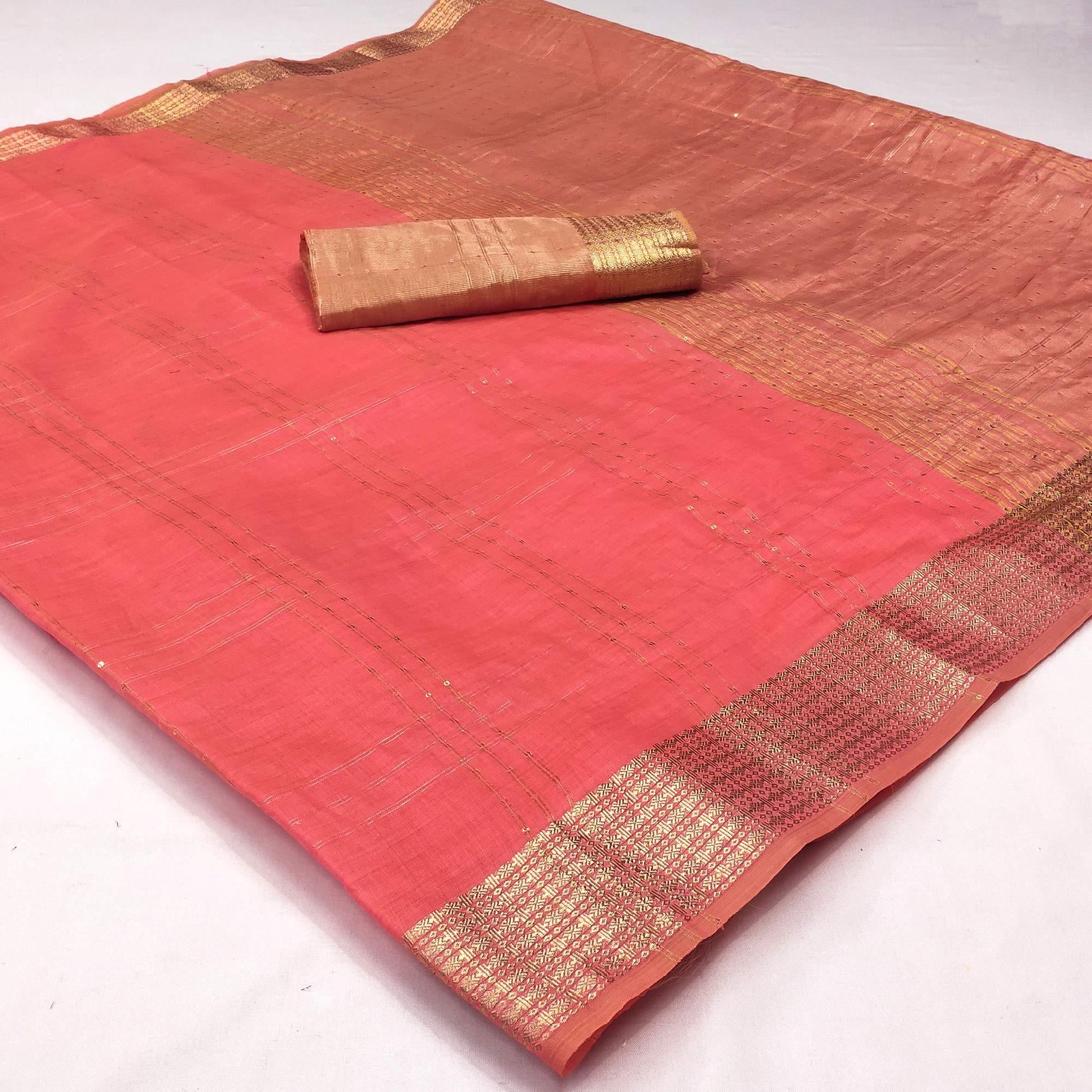 Gajari Woven-Sequins Work Chanderi Saree