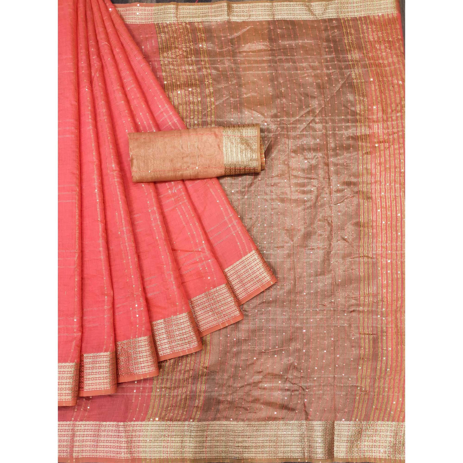 Gajari Woven-Sequins Work Chanderi Saree