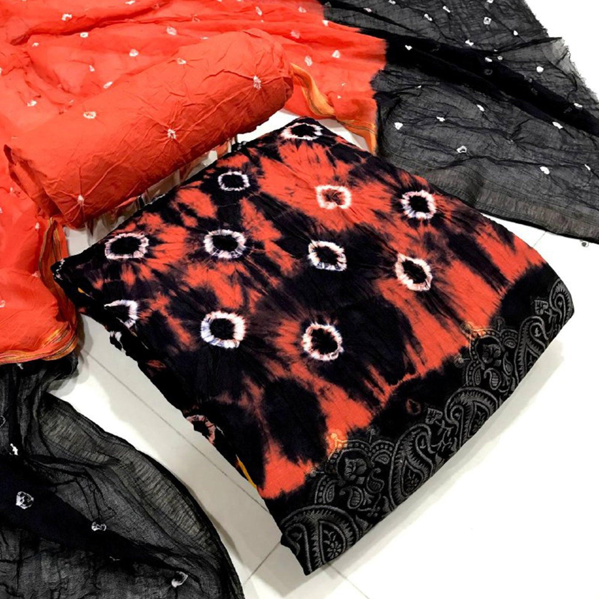 Gajri-Black Bandhani Printed Pure Cotton Dress Material