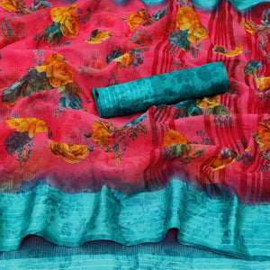 Gajri Pink Casual Wear Floral Digital Printed linen Saree