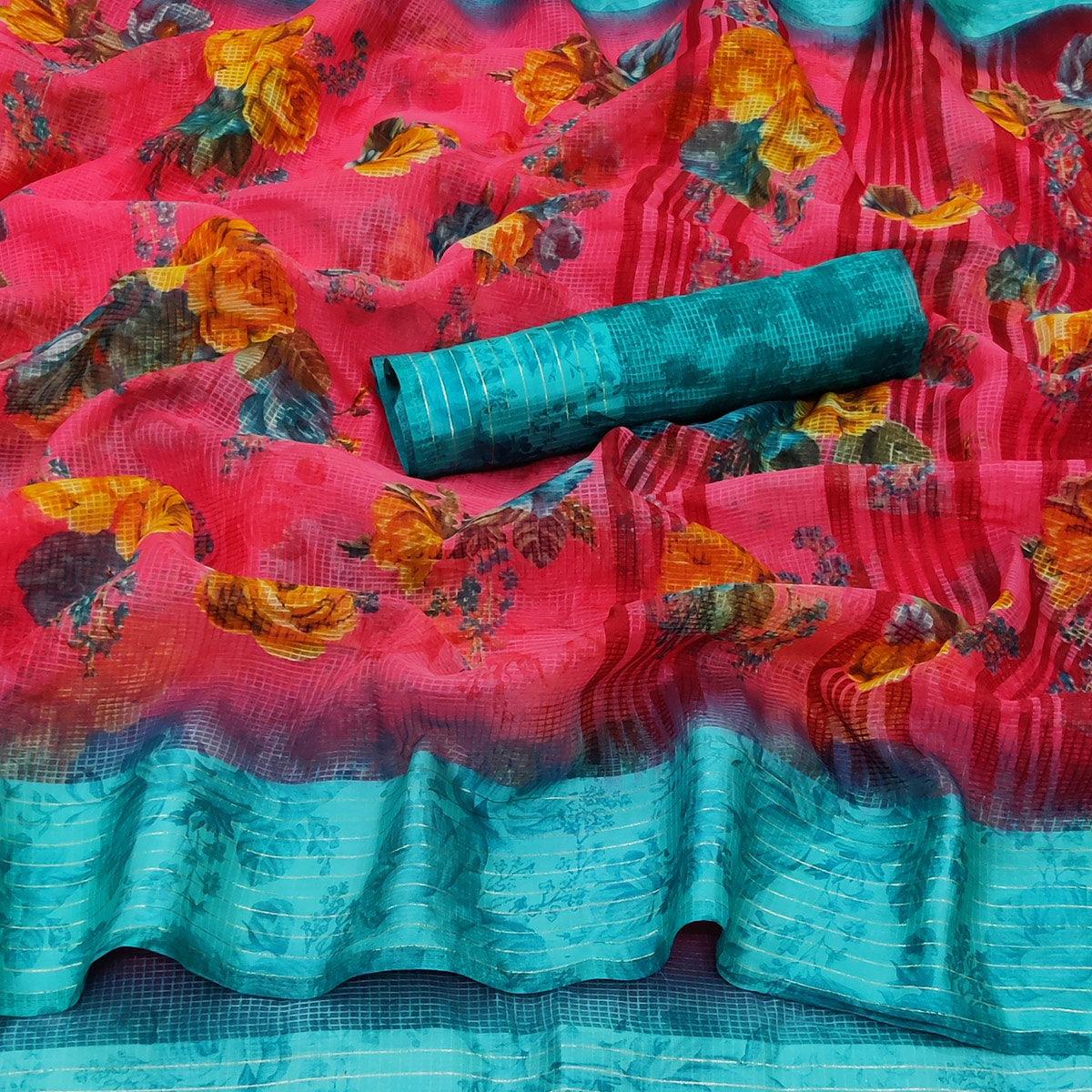 Gajri Pink Casual Wear Floral Digital Printed linen Saree