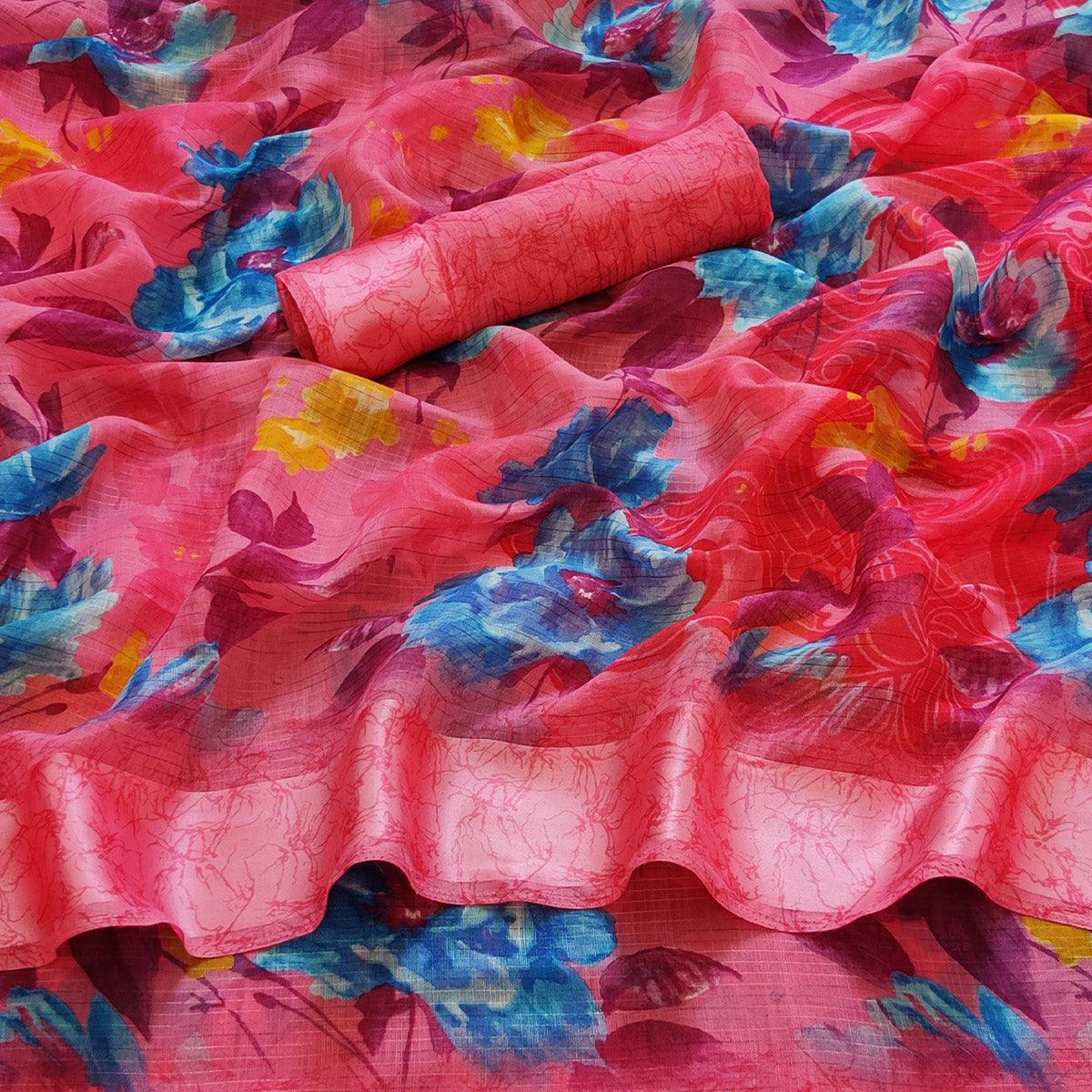 Gajri Pink Casual Wear Floral Digital Printed linen Saree