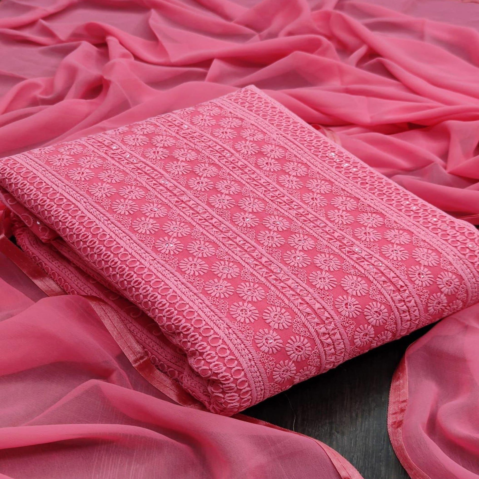Gajri Pink Casual Wear Sequins Embroidered Georgette Dress Material