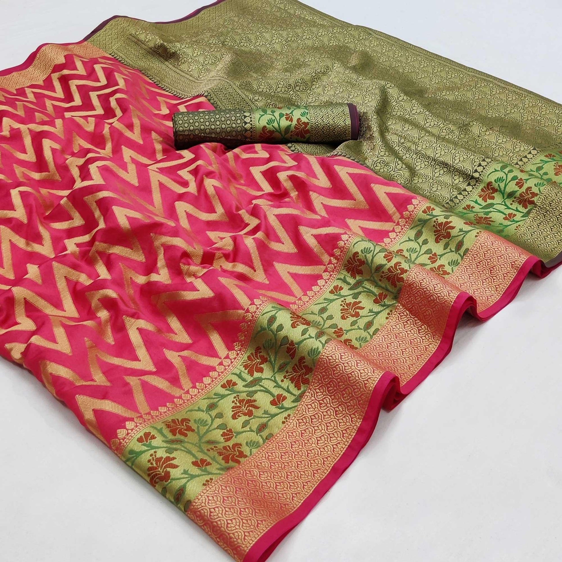 Gajri Pink Festive Wear Floral Woven Silk Saree