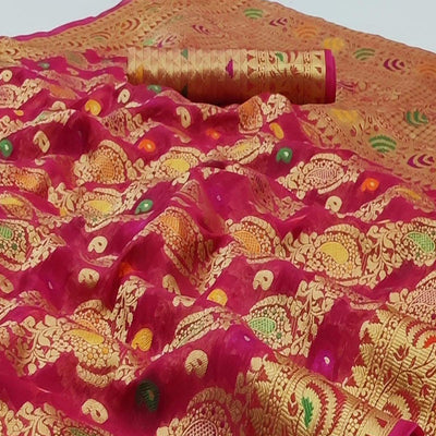 Gajri Pink Festive Wear Woven Organza Saree