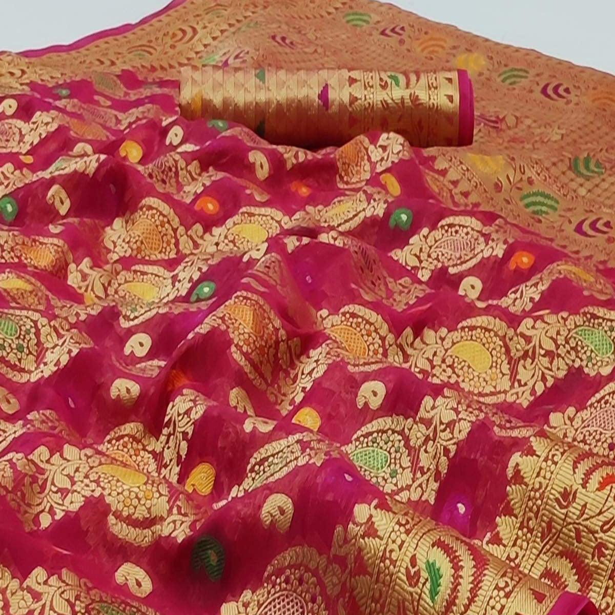 Gajri Pink Festive Wear Woven Organza Saree