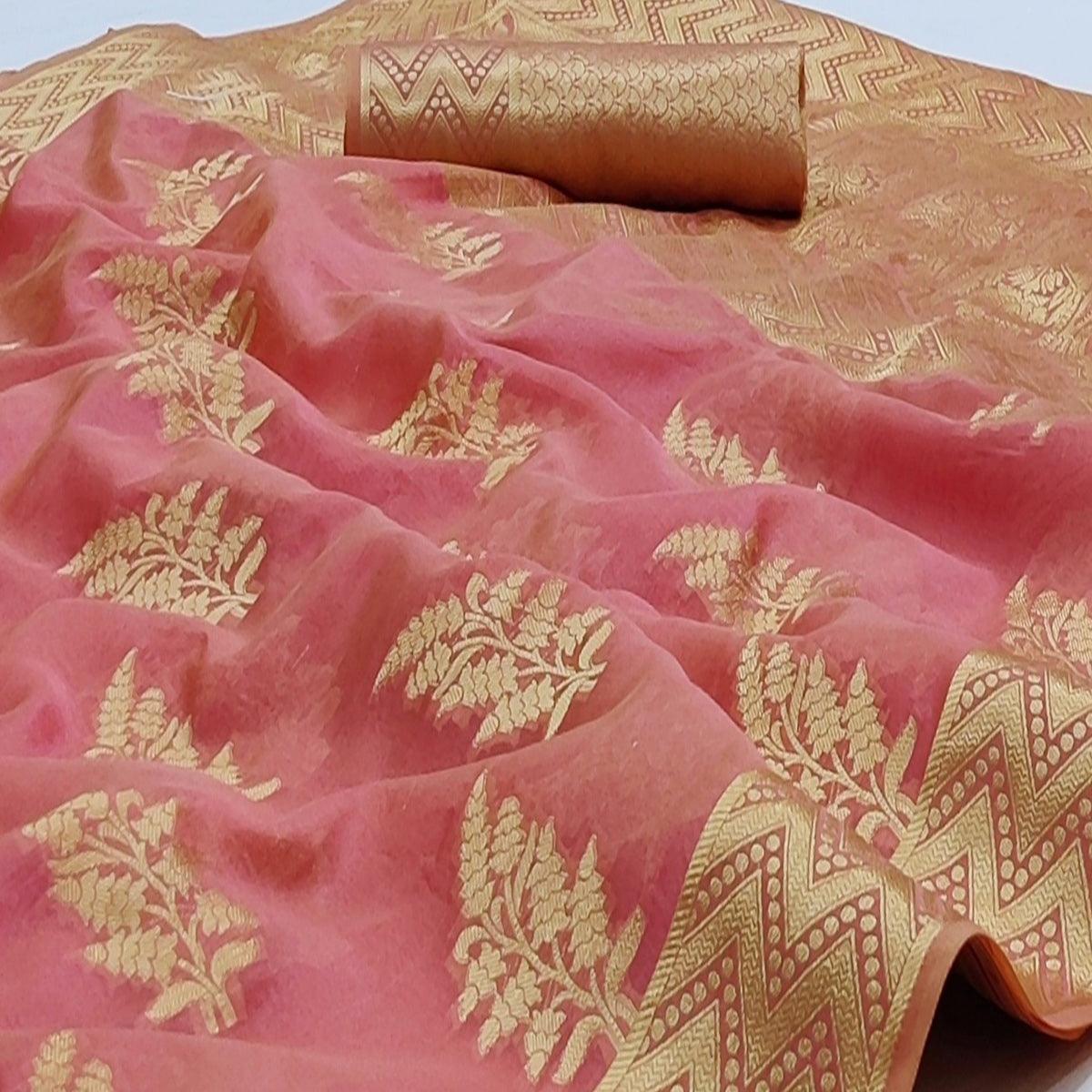 Gajri Pink Festive Wear Woven Soft Organza Saree