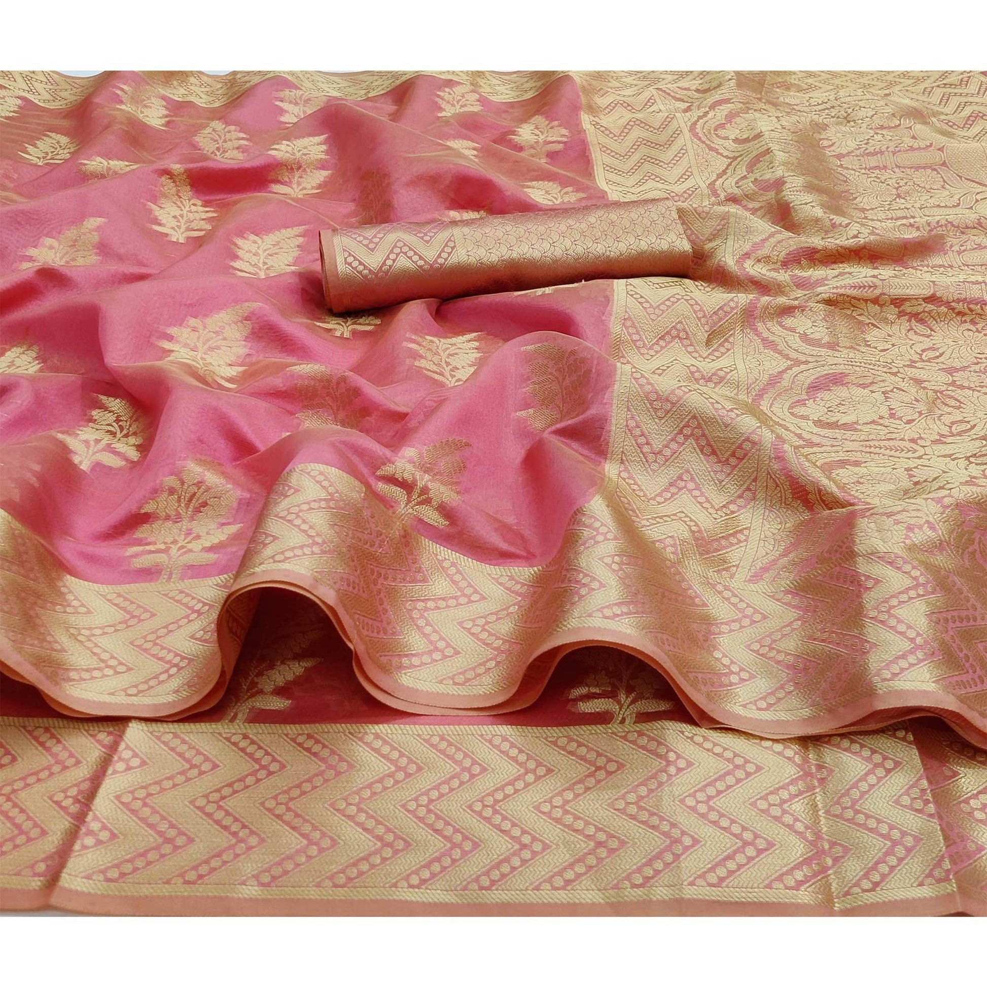 Gajri Pink Festive Wear Woven Soft Organza Saree