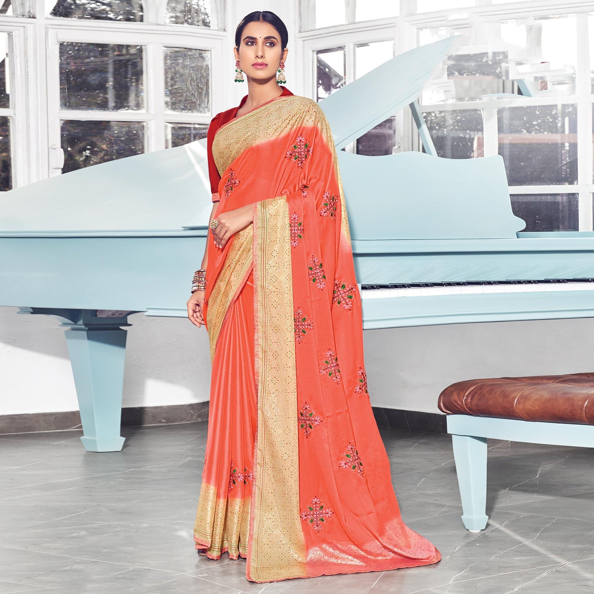 Gajri Pink Floral Embroidered Chiffon Saree