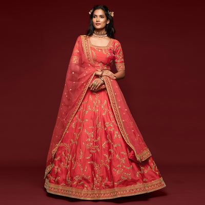 Gajri Pink Wedding Floral Sequins Embroidered Art Silk Lehenga Choli