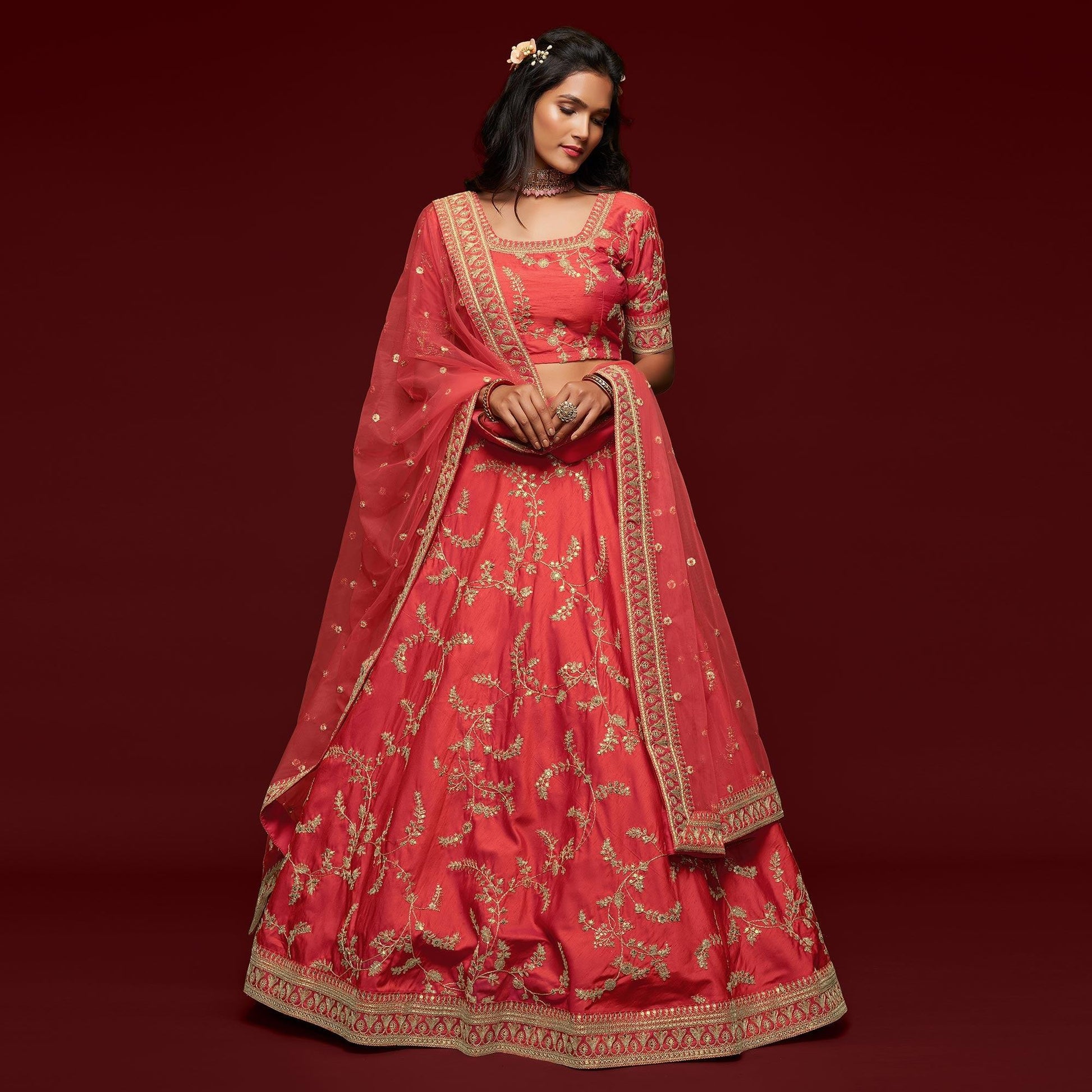 Gajri Pink Wedding Floral Sequins Embroidered Art Silk Lehenga Choli
