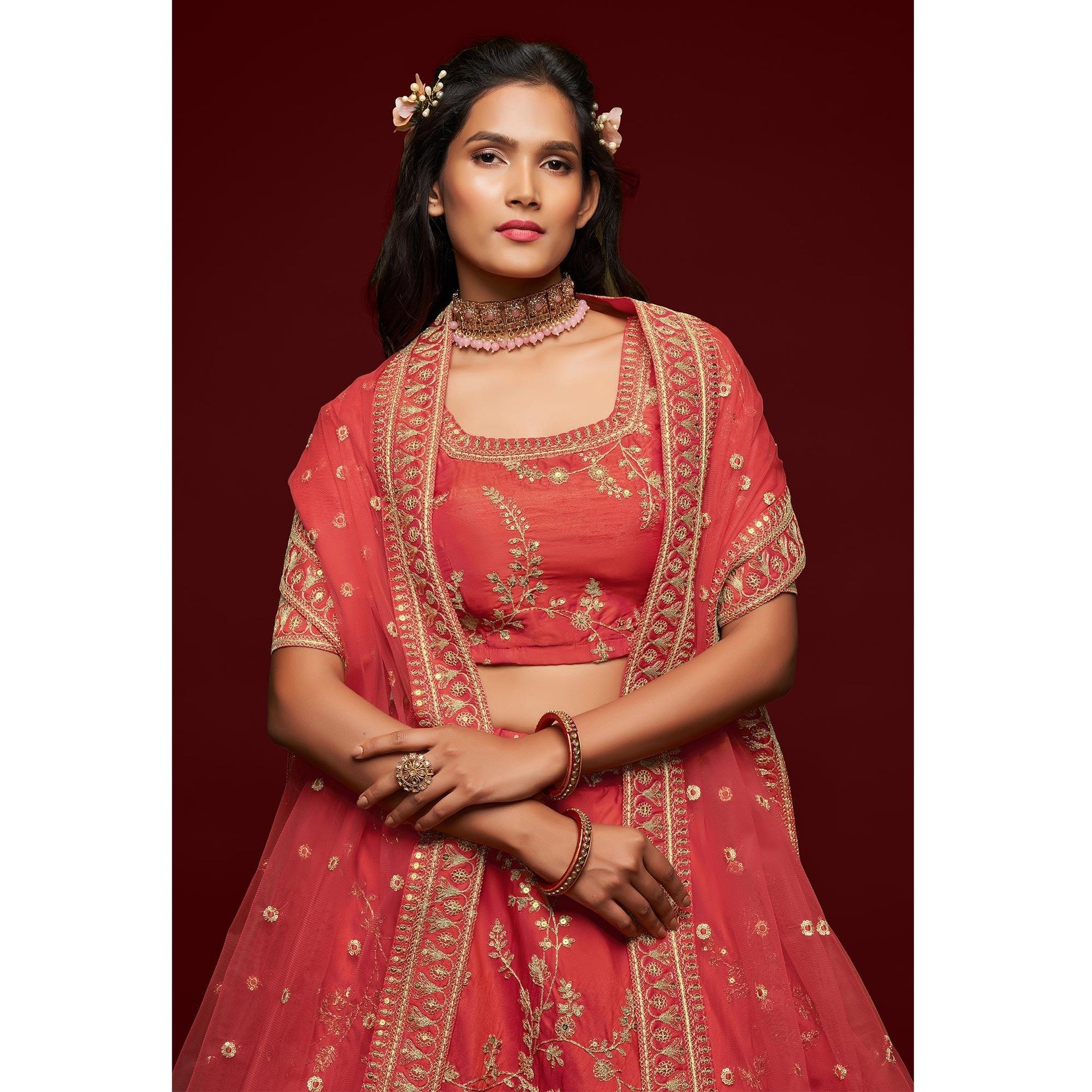 Gajri Pink Wedding Floral Sequins Embroidered Art Silk Lehenga Choli