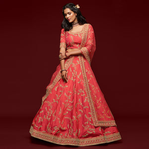 Gajri Pink Wedding Floral Sequins Embroidered Art Silk Lehenga Choli