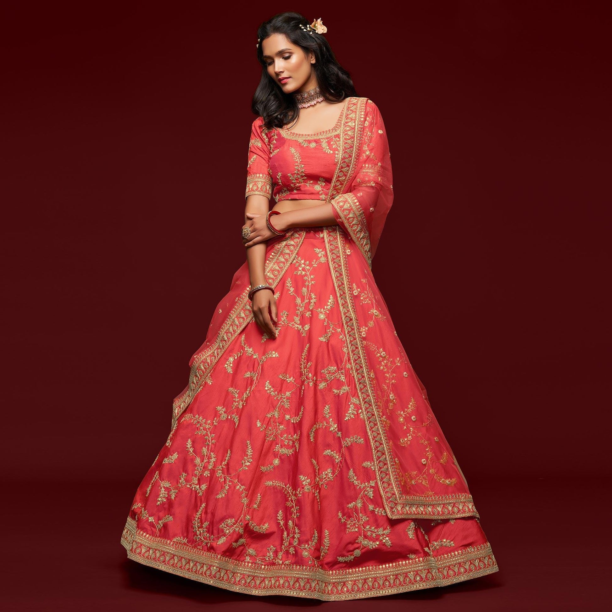Gajri Pink Wedding Floral Sequins Embroidered Art Silk Lehenga Choli