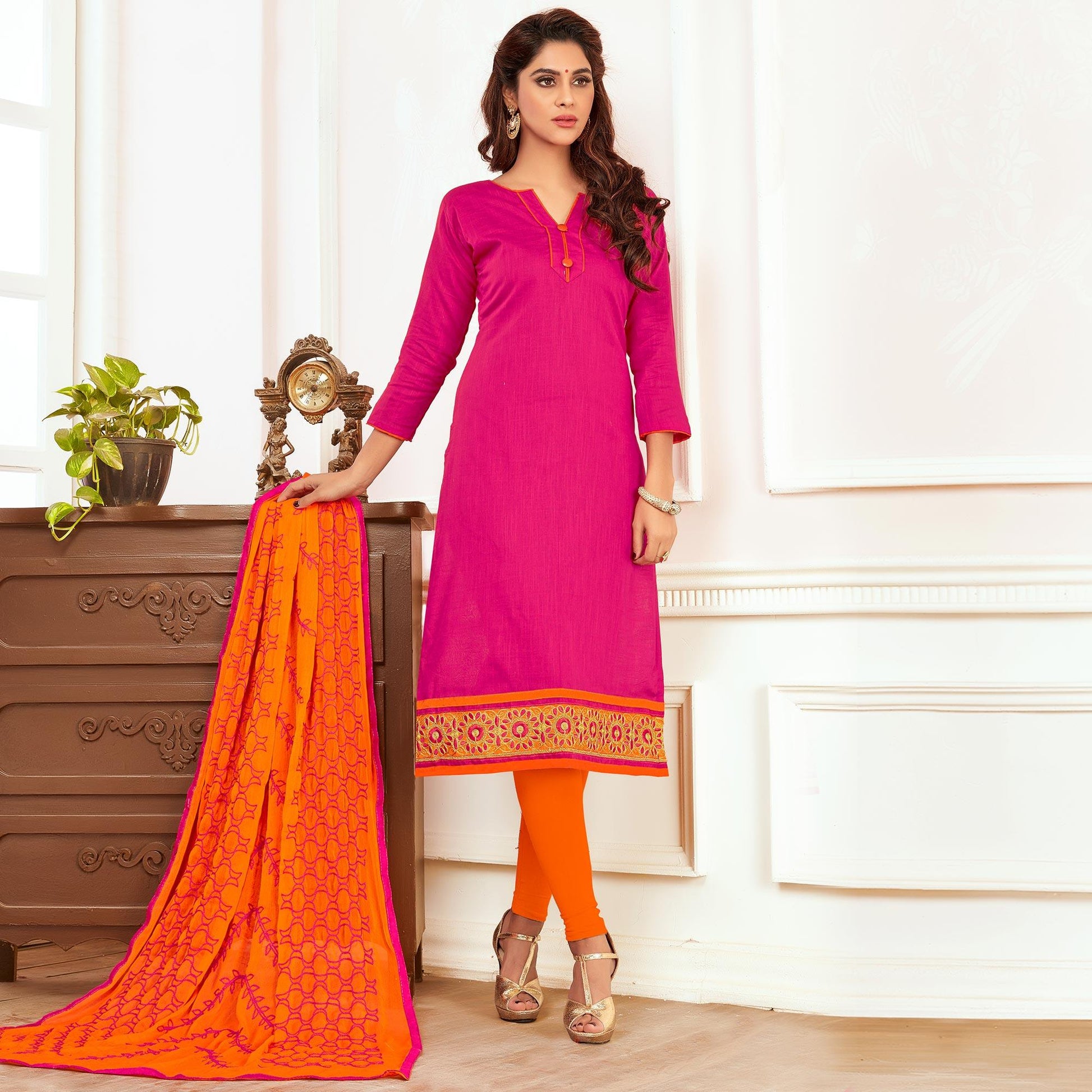 Girlish Pink Colored Casual Wear Cotton Suit