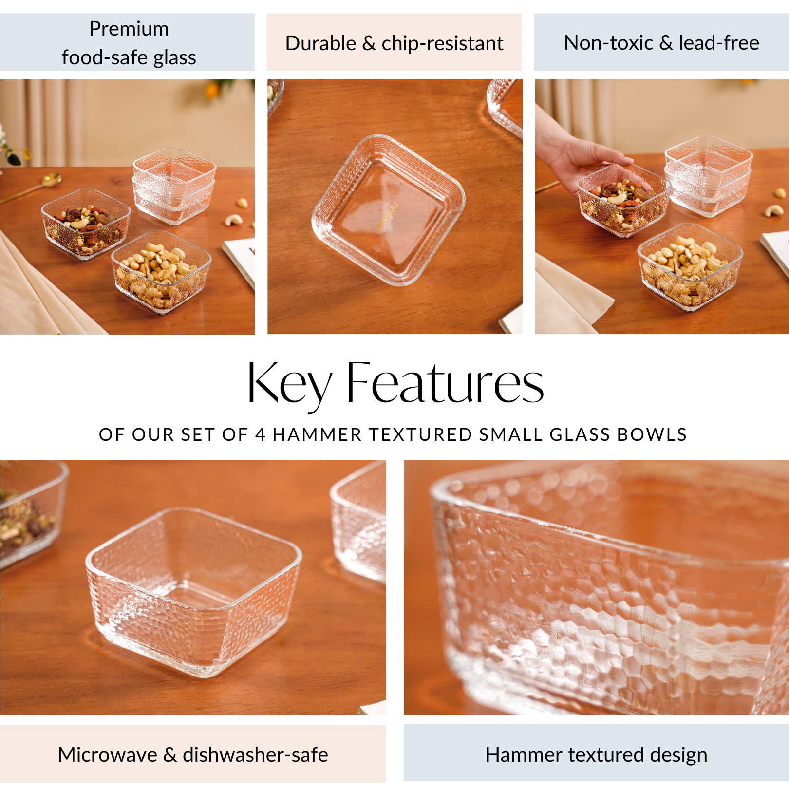 Set Of 4 Glass Bowls Square Textured 300ml